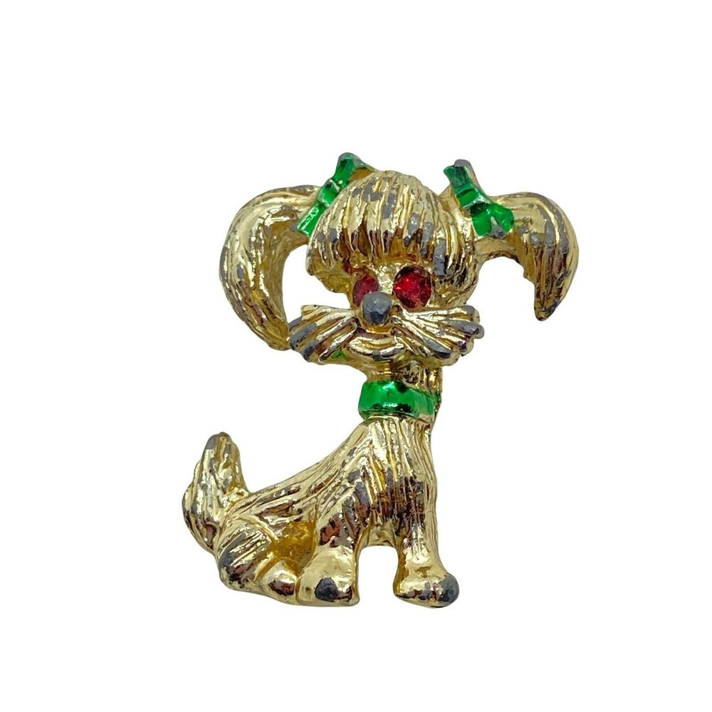 Puppy Dog Rhinestone Brooch Pin Vintage Gerry’s Womens Distressed Gold Tone
